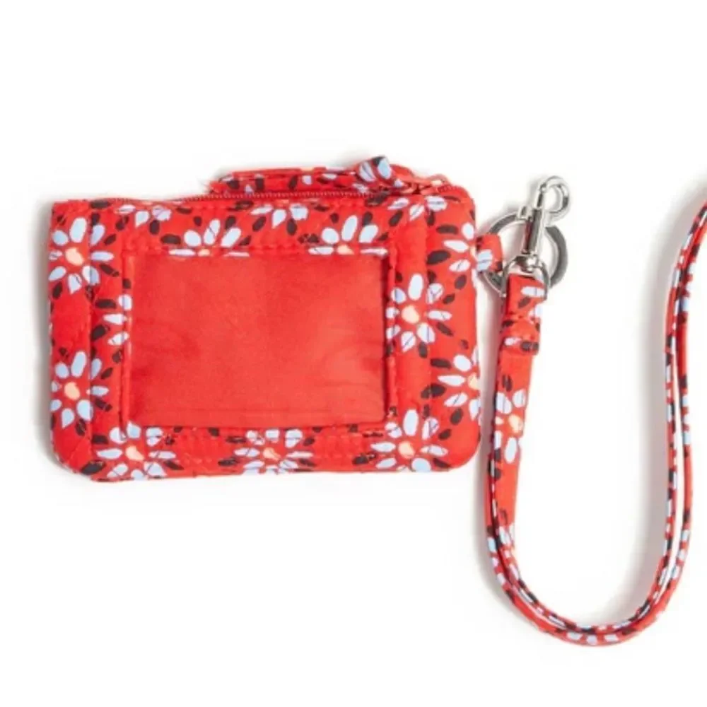 Vera Bradley Venetian Flowers Red Blue Quilted Cotton Zip ID Lanyard Wallet